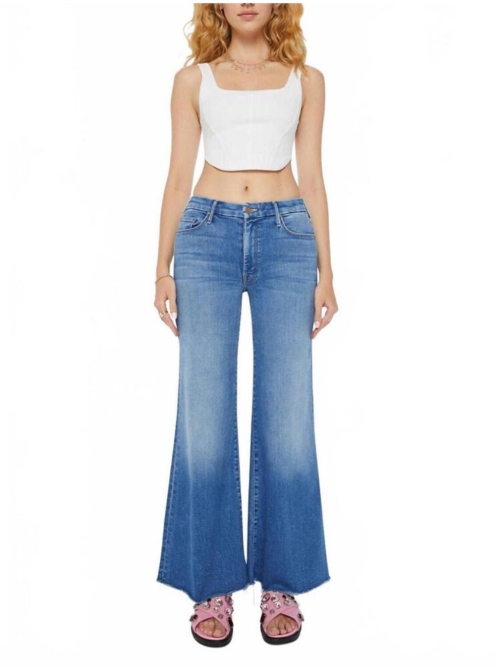 MOTHER The Roller Fray High-Rise Work Hard Play Hard Flare Wide-Leg Jeans Sz 30